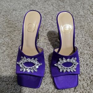 Purple Crystal-Embellished Satin Slide Mules